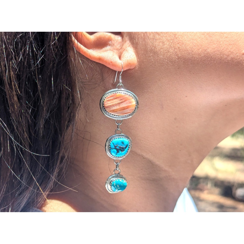 Navajo 3 Stones Drop Dangle Earrings Sterling Silver Handmade Turq Jewelry **